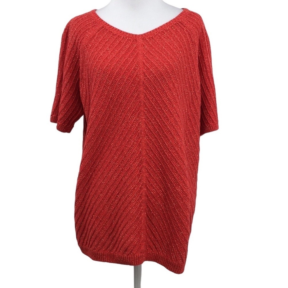 Talbots Sweater Womens 2X Red Metallic Chevron Knit V Neck Pullover Short Sleeve